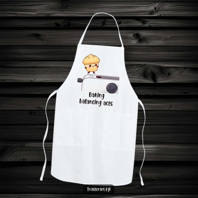Funny kawaii muffin balancing on a toaster edge on a kitchen apron, a humorous and functional accessory.