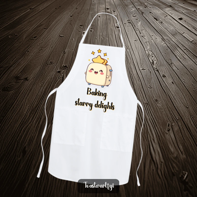 Funny Apron depicting a joyful toaster character popping out star-shaped toast, ready to add magic to the kitchen.