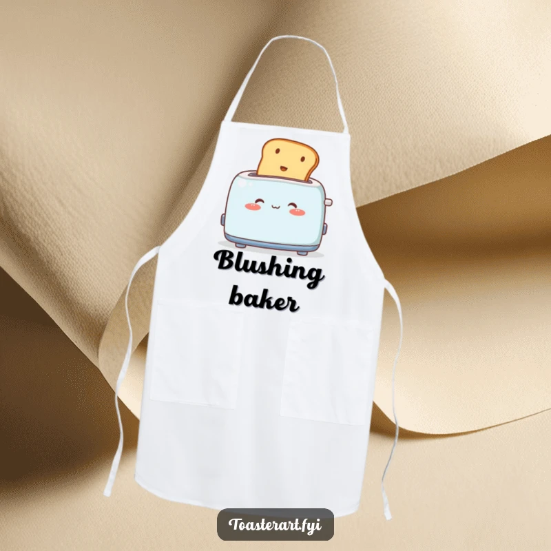 Funny Apron: Cute toaster character blushes as toast pops out, a charming and humorous kitchen accessory.
