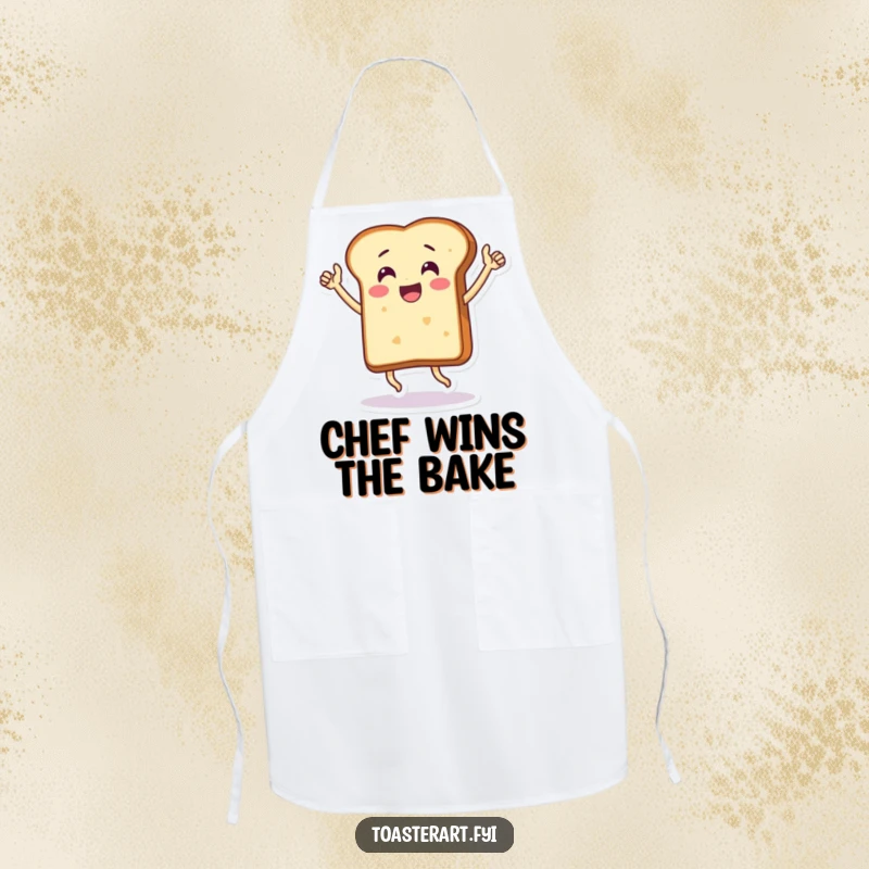 Funny apron with a thrilled bread slice character doing a victory dance, a celebratory kitchen essential.