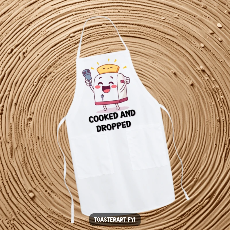 Funny, excited toaster character in a mic drop pose with toast on a kitchen apron, making cooking a performance.