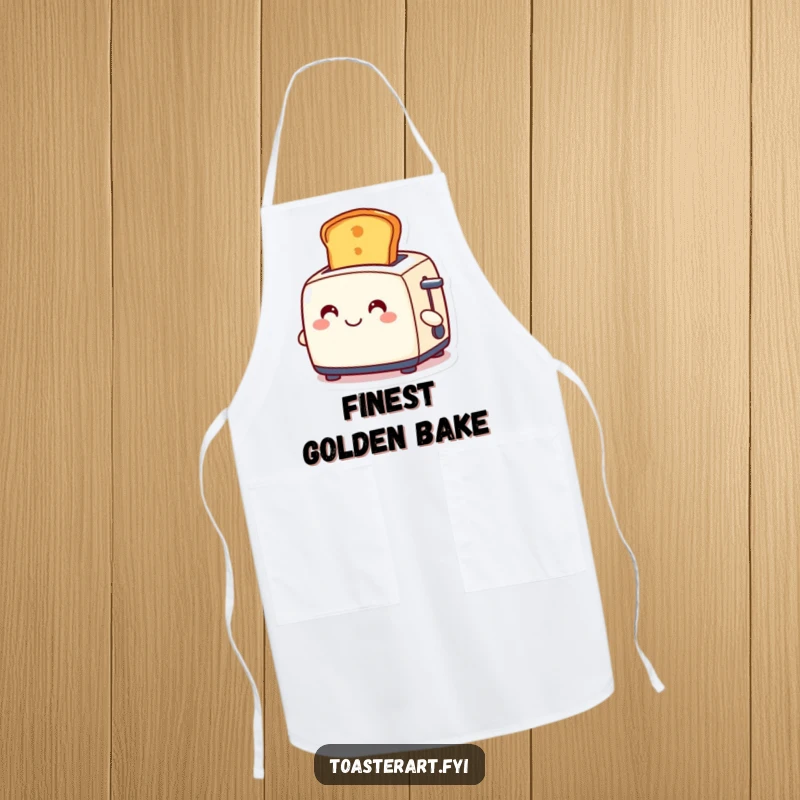 Funny apron featuring a smiling toaster character ejecting a perfect golden slice of toast, a humorous and spirited kitchen essential.