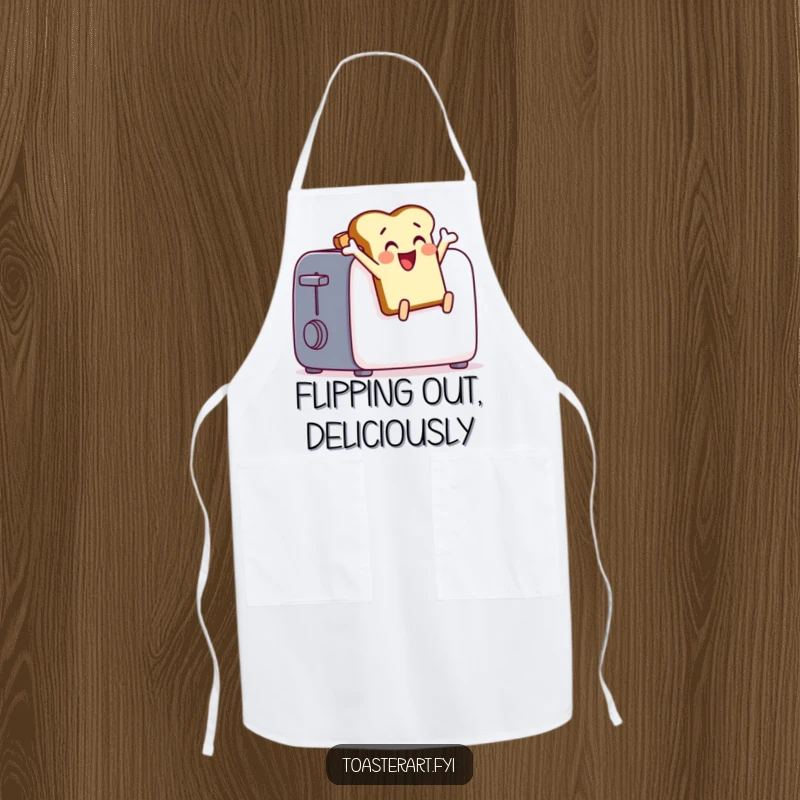 Funny toast character leaping from a toaster on a kitchen apron, a humorous and functional accessory.