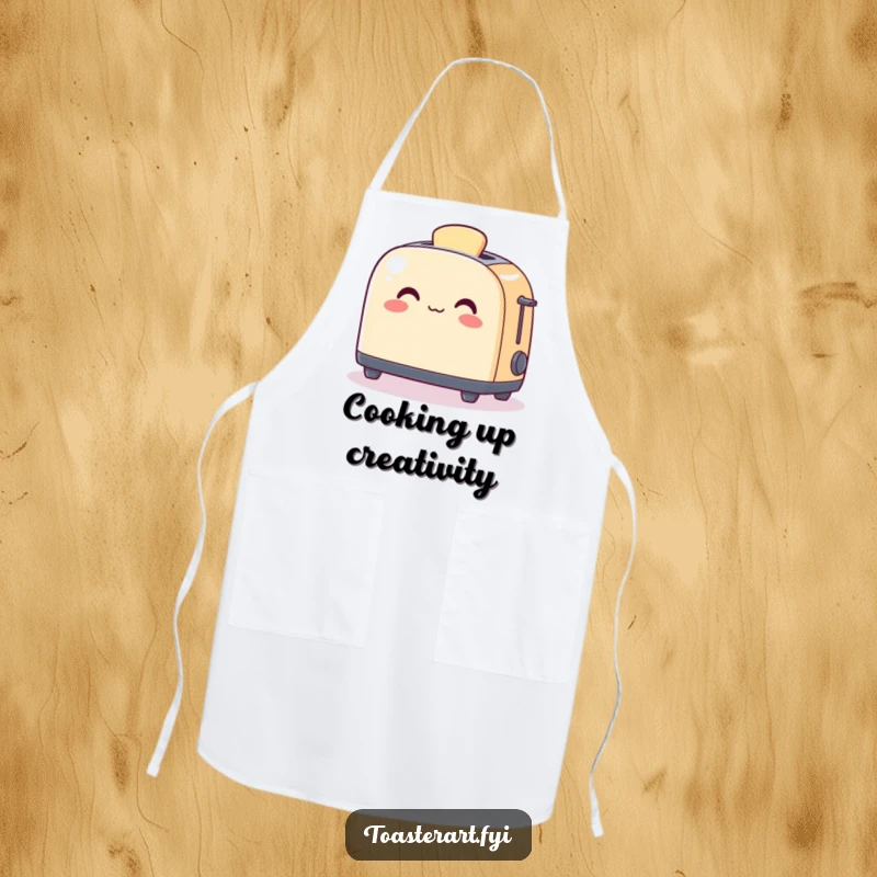 Funny Apron with a cheerful toaster character warming a piece of art, perfect for kitchen creativity and humor.