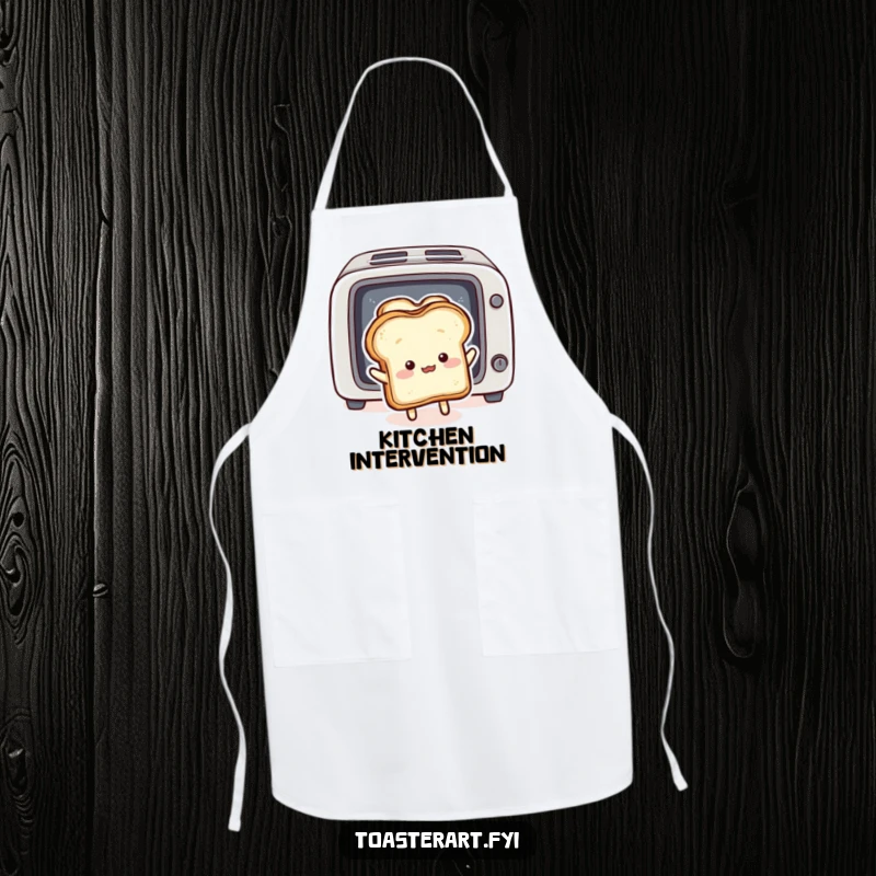 Funny Apron: Fluffy bread slice character comically pushing toast back into a toaster, a humorous kitchen accessory.
