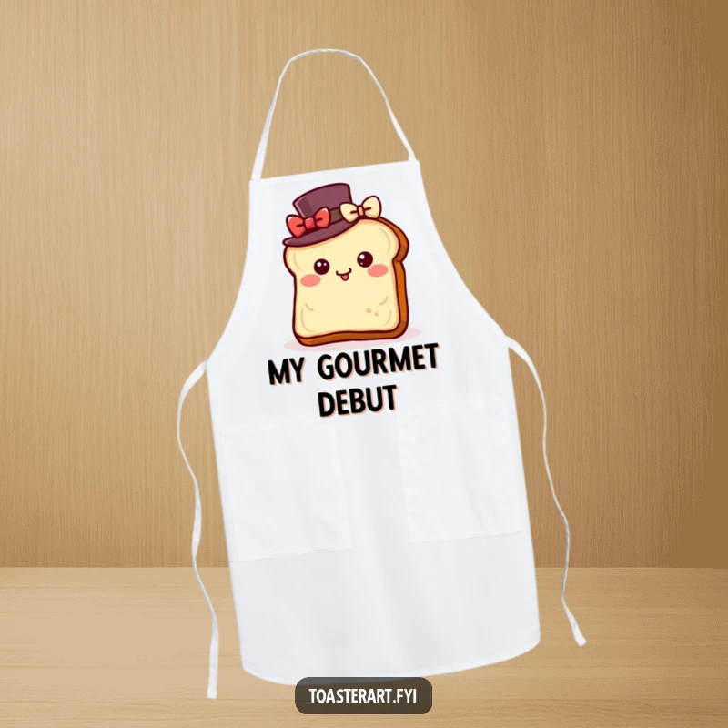 Funny apron with a toast slice wearing a top hat, bowing with delight, perfect for sophisticated and humorous cooking.