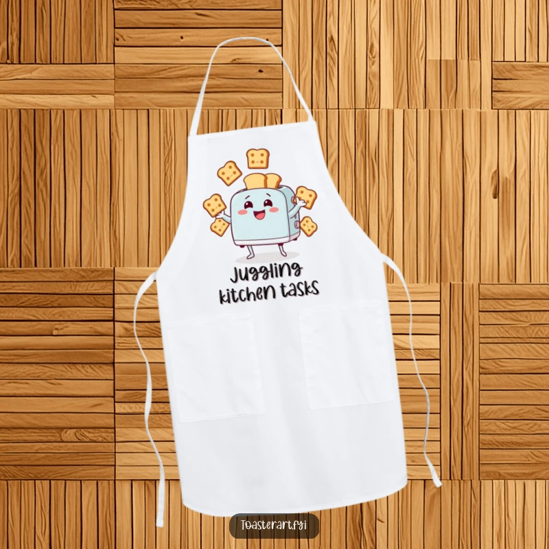 Funny apron depicting a giggling toaster character juggling multiple bread slices. Ideal for kitchen use with a humorous touch.