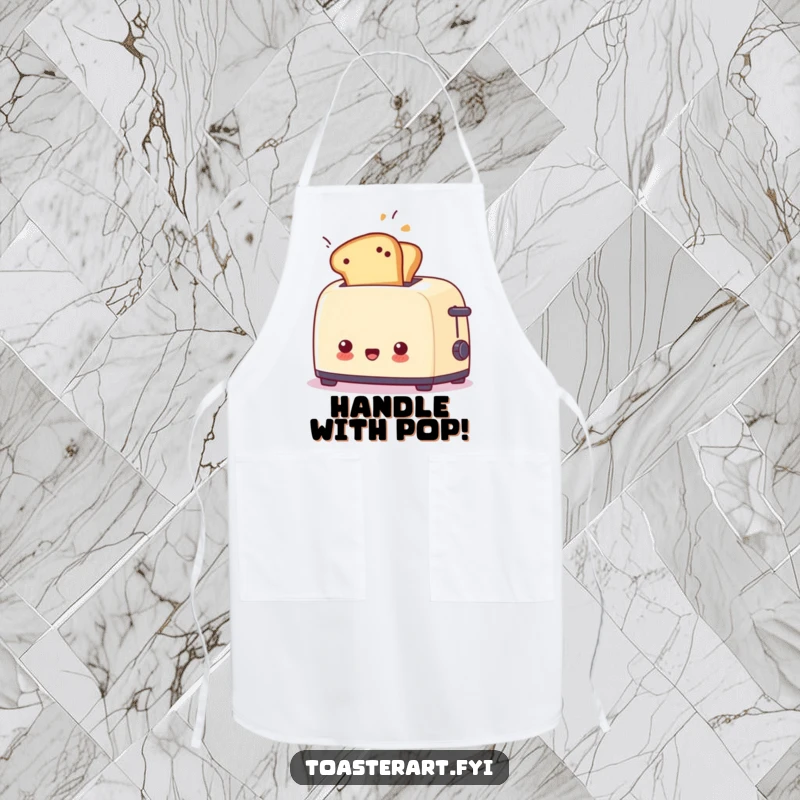 Funny surprised toaster apron with toast flying out unexpectedly, a humorous kitchen accessory for cooks.