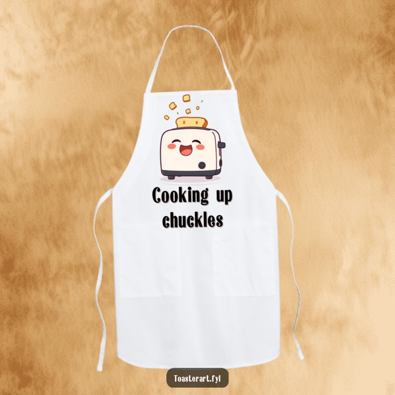 Funny Apron with a laughing toaster character as toast flies out, perfect for humorous kitchen duties.