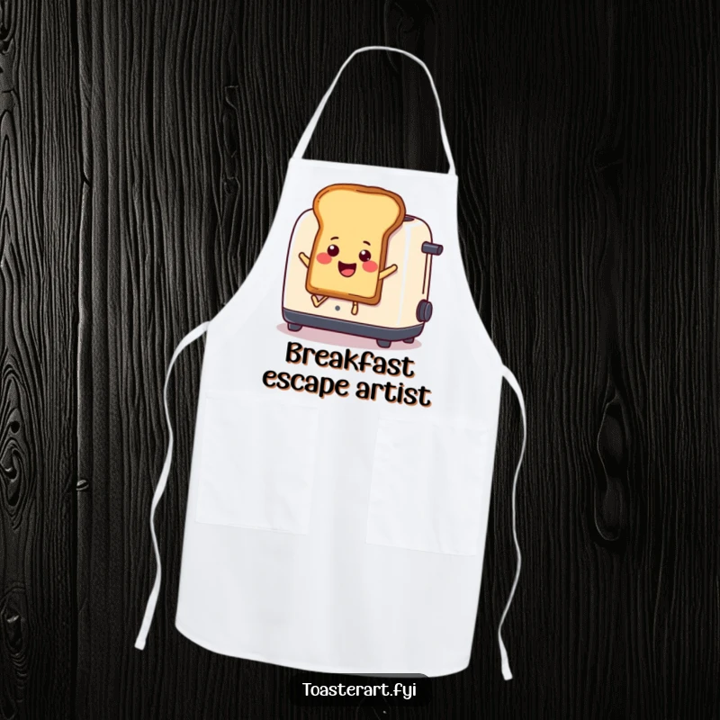 Funny Apron: Comical toast comically leaps from a toaster, a humorous and practical kitchen accessory.