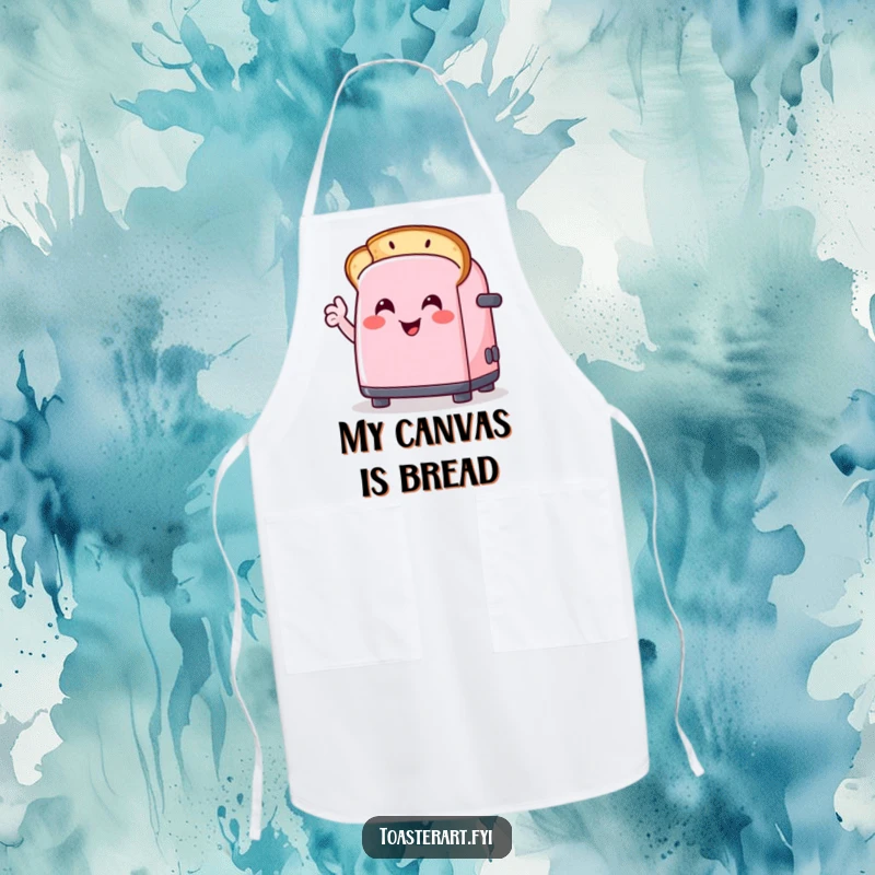 Funny apron featuring a chef toaster character drawing a smiley face on toast, ideal for adding humor to kitchen activities.