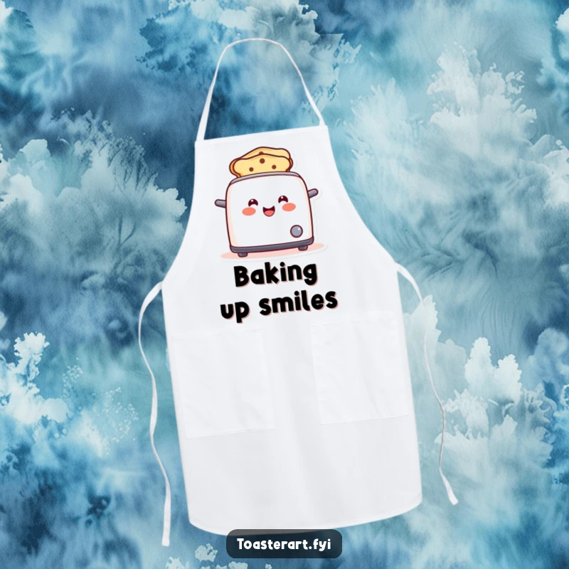 Funny toaster apron with a happy character popping up smile-toast, ideal for cooking and as a funny gift.