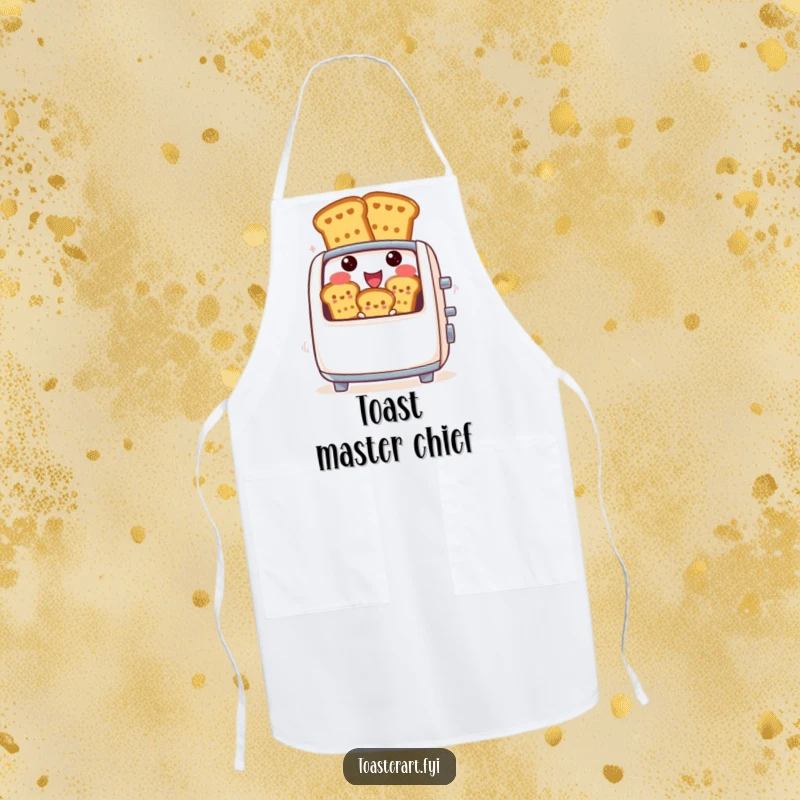 Funny apron with a cheerful toaster character enthusiastically ejecting perfectly browned toast figures, ideal for a fun cooking experience.