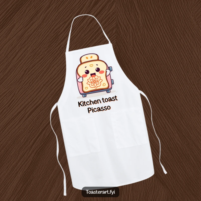 Funny apron showcasing a cheerful toaster character designing toast, perfect for a humorous cooking experience.