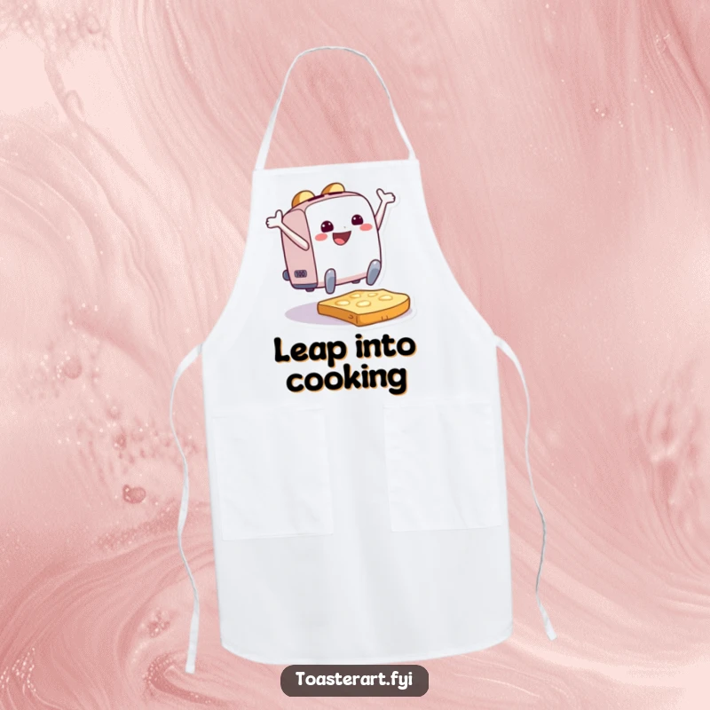 Funny Apron depicting a joyful toaster character leaping onto a slice of toast, ready to add humor to the kitchen.