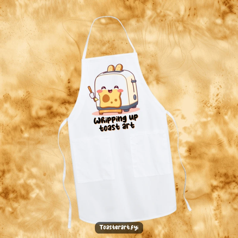 Funny apron featuring a happy toaster artistically painting with toast, adding humor to kitchen activities and culinary creations.