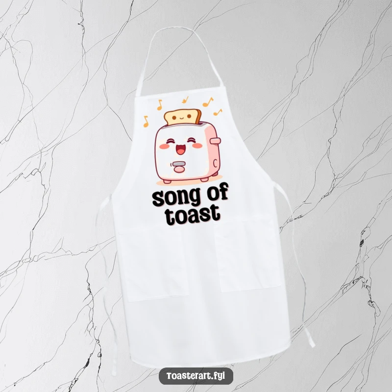 Funny apron with a happy singing toaster character and rhythmically popping toast, ideal for musical kitchen fun.