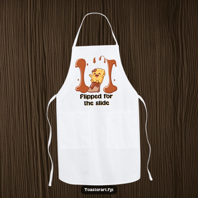 Funny waffle character sliding down a chocolate syrup slide on this kitchen apron, a humorous and practical cooking accessory.