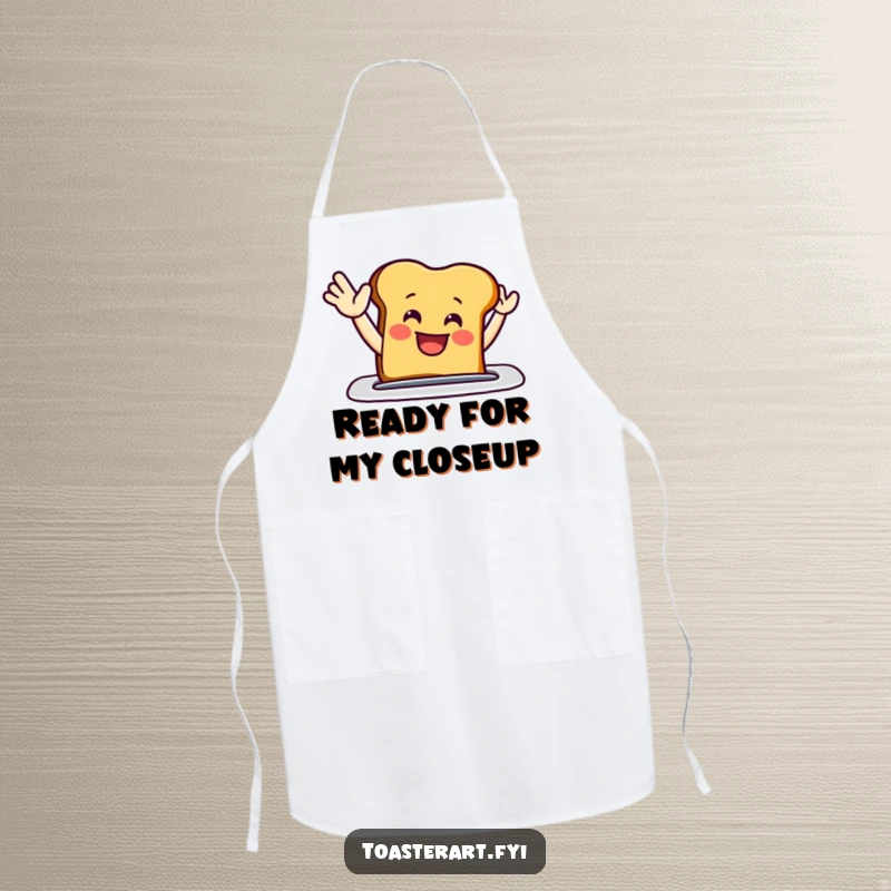 Funny apron with a grinning toast slice enthusiastically waving from a toaster slot, perfect for adding cheer to cooking.