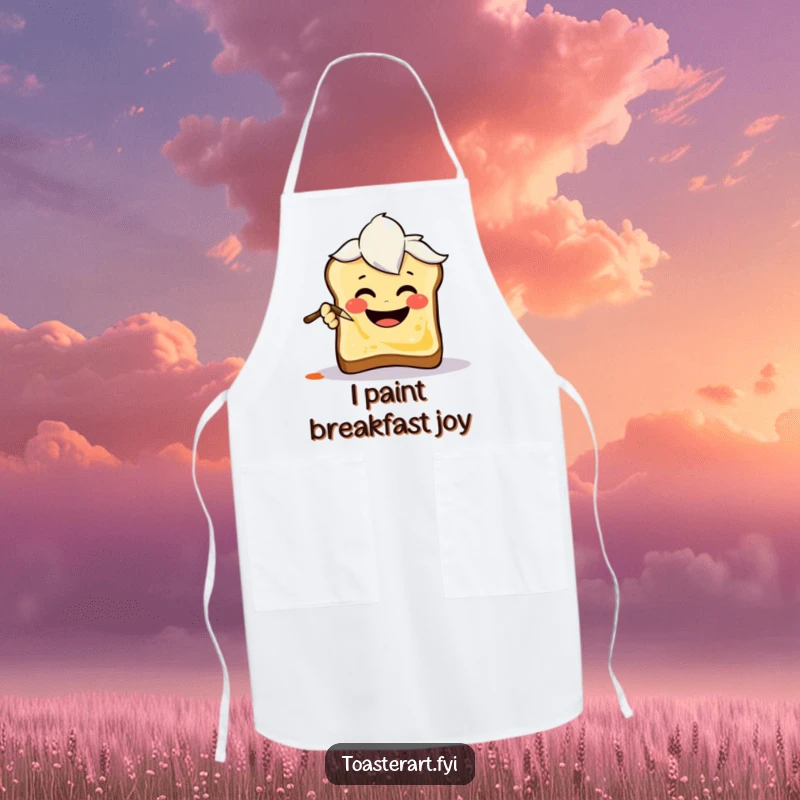 Funny Apron showcasing a joyful art brush character painting a smiley face on toast, ideal for humorous kitchen activities.