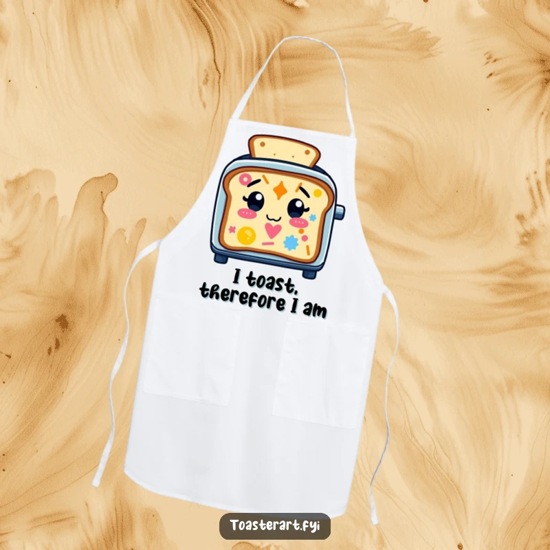 Funny Apron showing a fun toaster character making colorful patterns on toast, ideal for humorous kitchen activities and cooking.