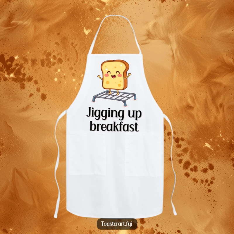 Funny apron with a cheerful toast character doing a jig on a toasting rack, perfect for cooking with breakfast beats.