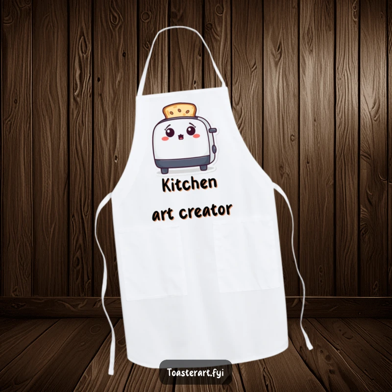 Funny toaster character surprised by toast art on a kitchen apron, making cooking a creative and amusing experience.