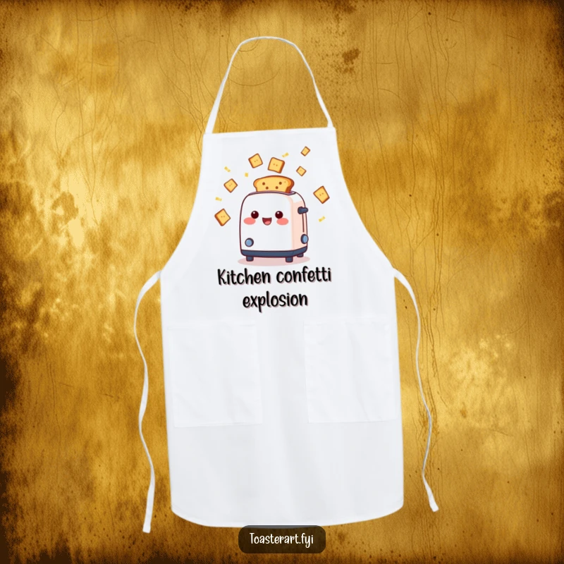 Funny cheerful toaster character ejecting toast slices like confetti, kitchen apron design, making cooking a fun and celebratory activity.