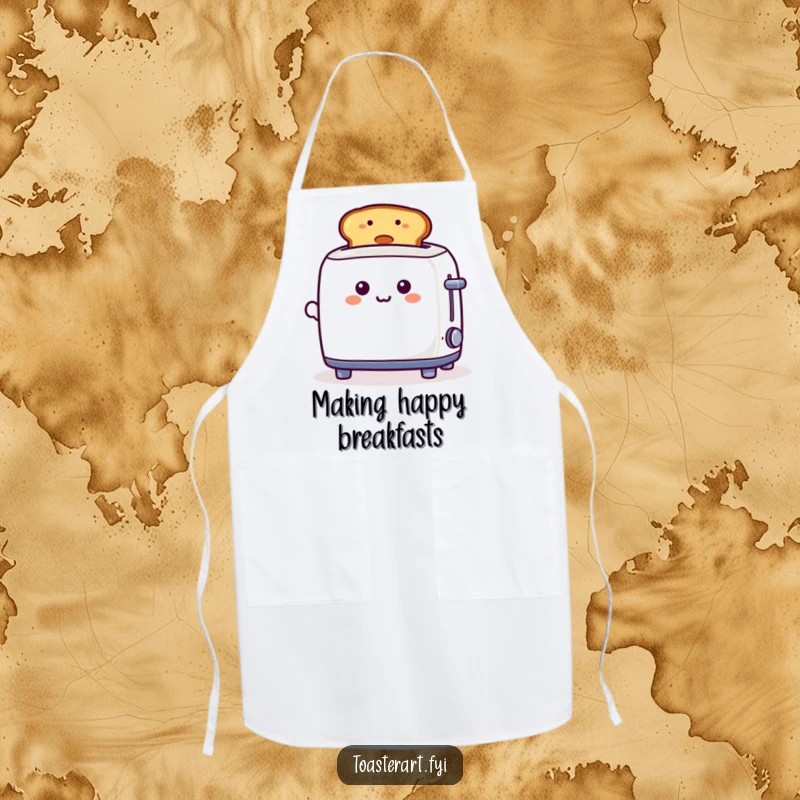 Funny, playful toaster character presenting a smiley toast on a kitchen apron, making cooking a more joyful experience.