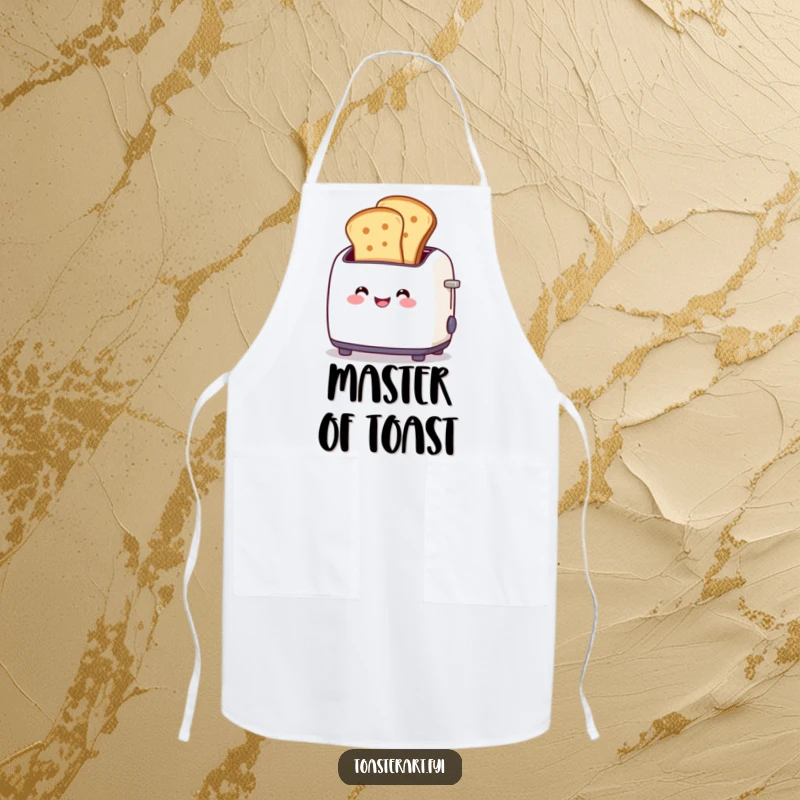 Funny apron depicting a smiling toaster character gleefully popping perfect toast slices, designed for kitchen fun and protection.