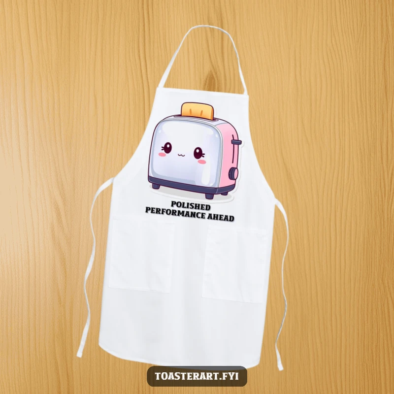 Funny Apron depicting a toaster character proudly admiring its own shiny reflection, ready for kitchen duty.