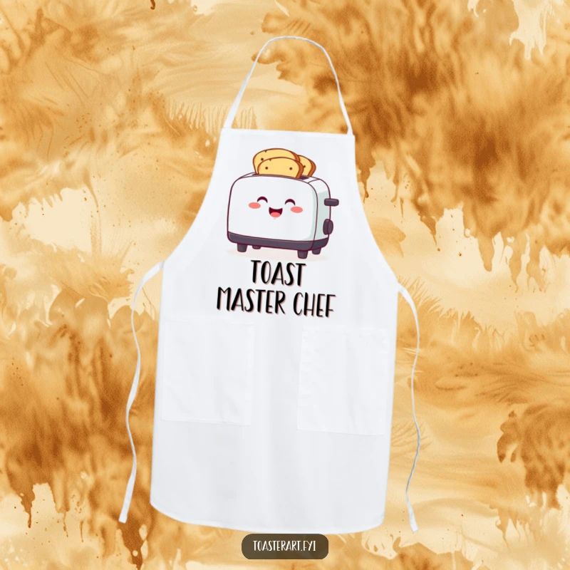 Funny smiling toaster character toasting multiple bread slices simultaneously, a humorous and functional apron.