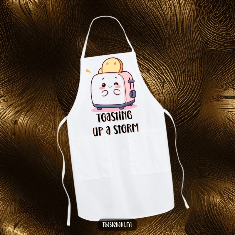 Funny apron featuring a whimsical toaster character playing with bread, perfect for cooking with playful breakfast enthusiasm.