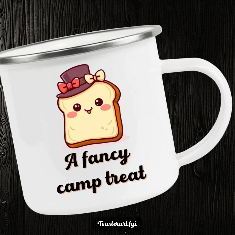 Funny camping mug with a toast slice wearing a top hat, bowing with delight, ready for sophisticated outdoor adventures.