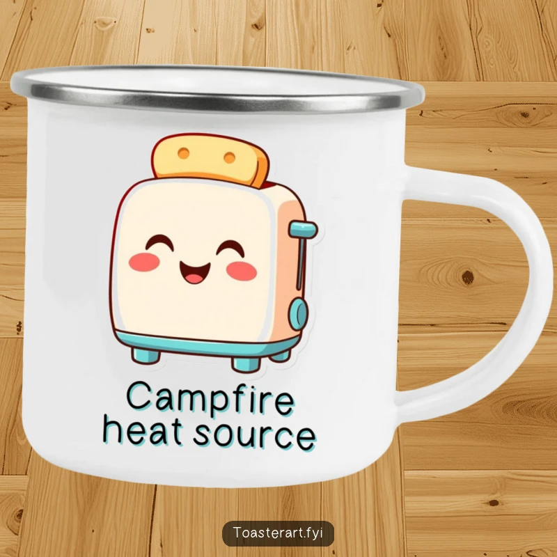 Funny toaster camping mug featuring a smiling toaster character glowing warmly with pride, ideal for outdoor coffee or tea.