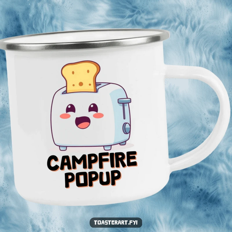 Funny Camping Mug: Cheerful toaster character ejecting toast with a surprised expression, for outdoor morning laughs.
