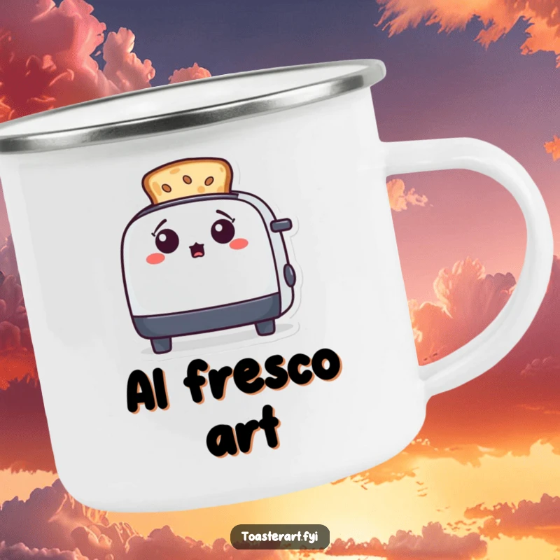 Funny, surprised toaster character looking at toast art on a durable camping mug, perfect for artistic and humorous outdoor enjoyment.