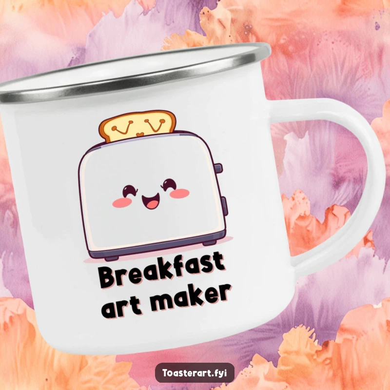 Funny Toaster Camping Mug: A cheerful toaster creates colorful toast designs, ready for creative outdoor moments.