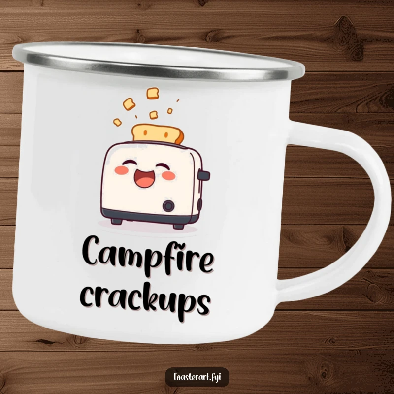 Funny Camping Mug of a toaster character laughing as toast flies out, perfect for humorous outdoor meals.