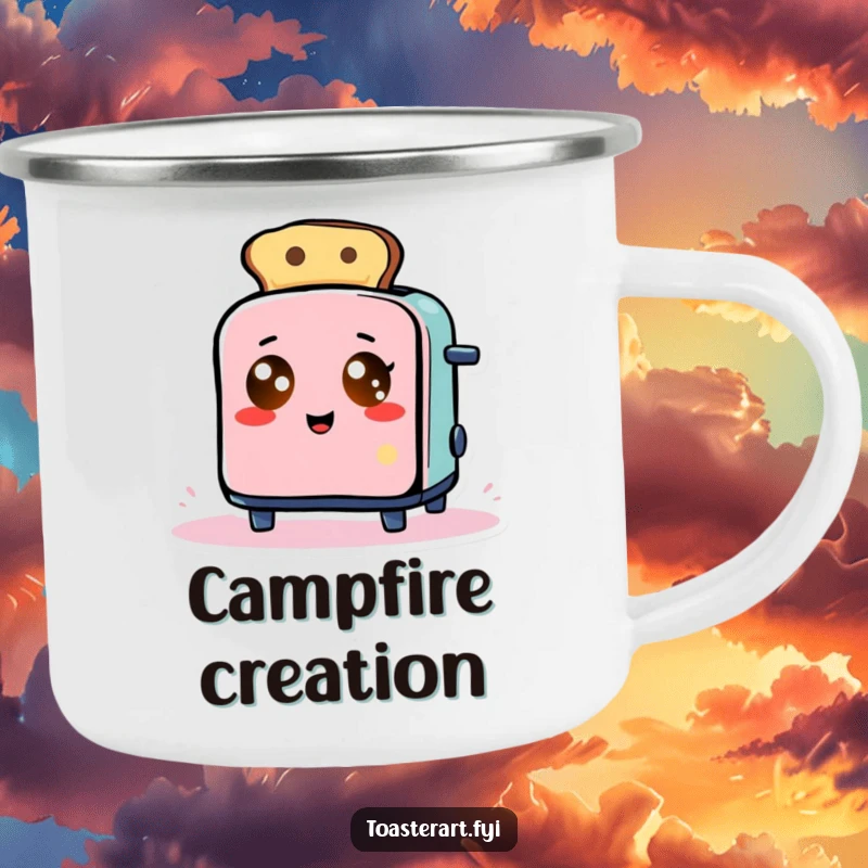 Funny Camping Mug: Toaster with glowing eyes comically makes abstract toast art, a humorous and artistic camp cup.