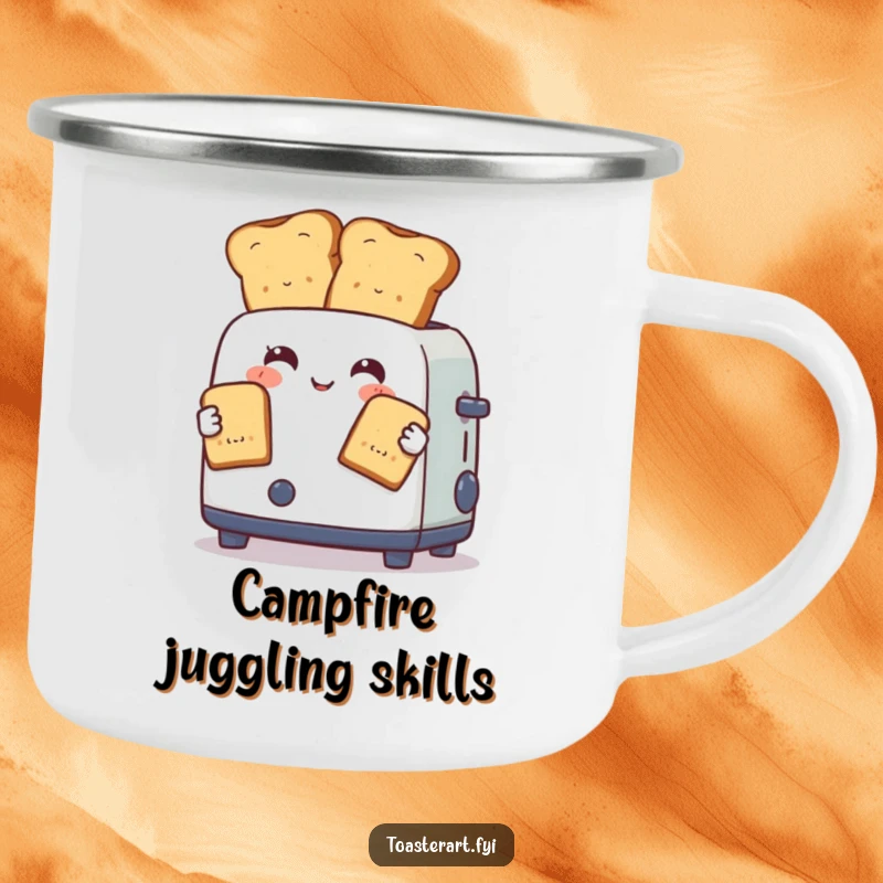 Funny camping mug with a toaster character skillfully juggling two perfectly browned toast slices, ready for outdoor adventures.