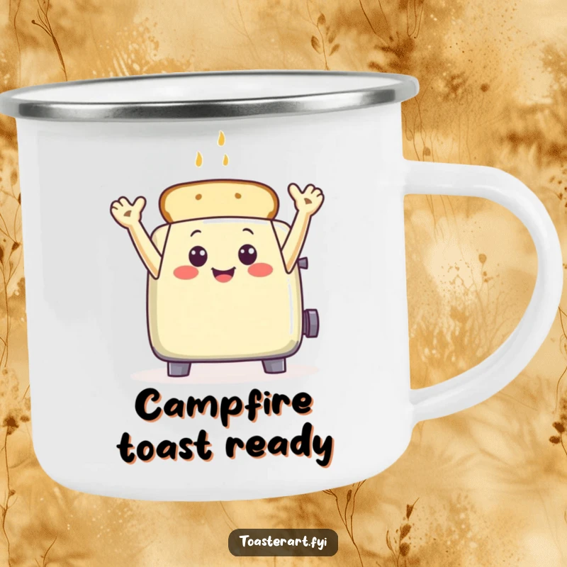 Funny toaster character waving with toast arms on a camping mug, a humorous and durable design.