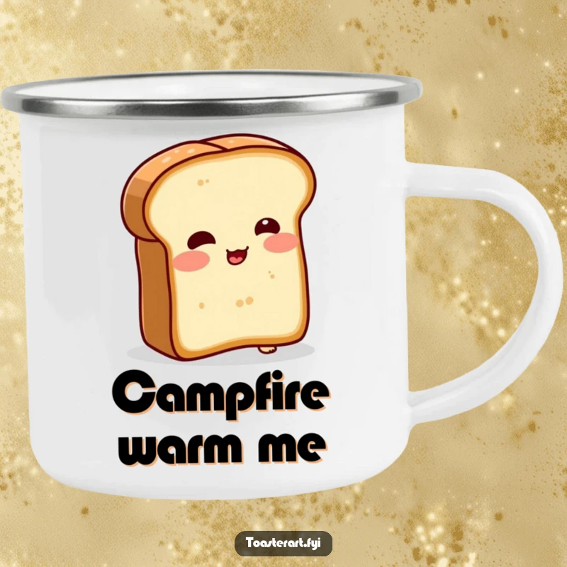 Funny camping mug featuring a blushing bread slice character comically trying to toast itself. Perfect for outdoor use and humorous trips.