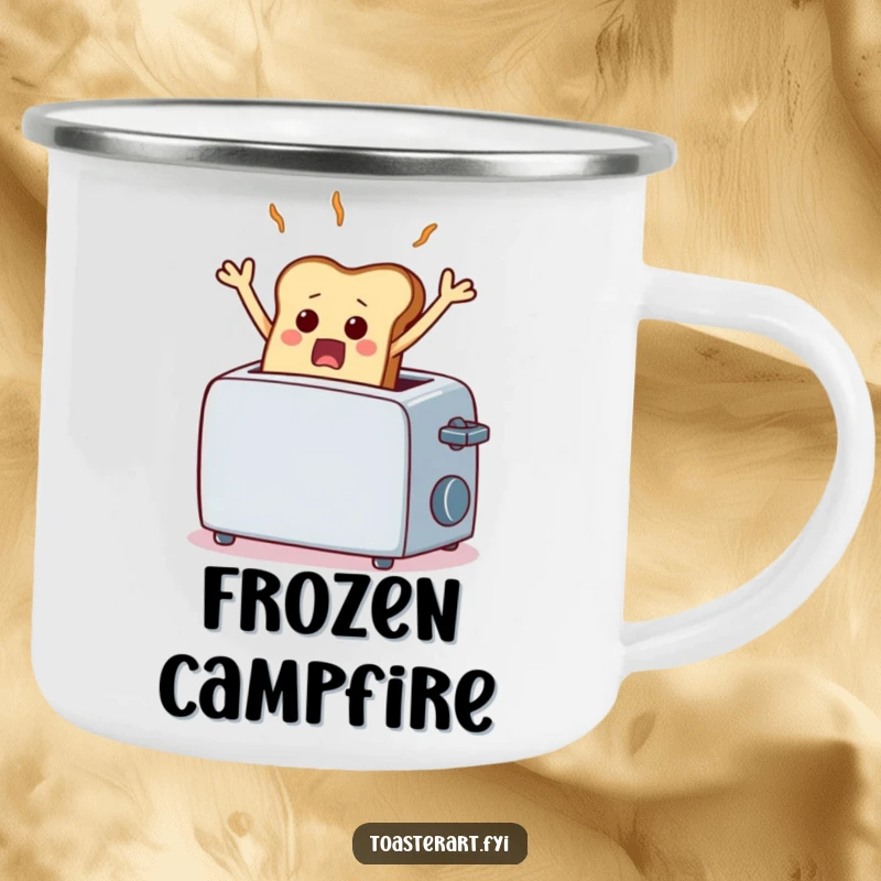 Funny camping mug with a scared piece of toast comically frozen mid-air from a toaster, perfect for humorous outdoor mornings.