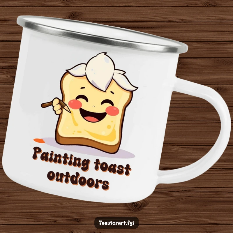 Funny Camping Mug featuring a happy art brush character painting a smiley face on toast, perfect for humorous outdoor drinks.