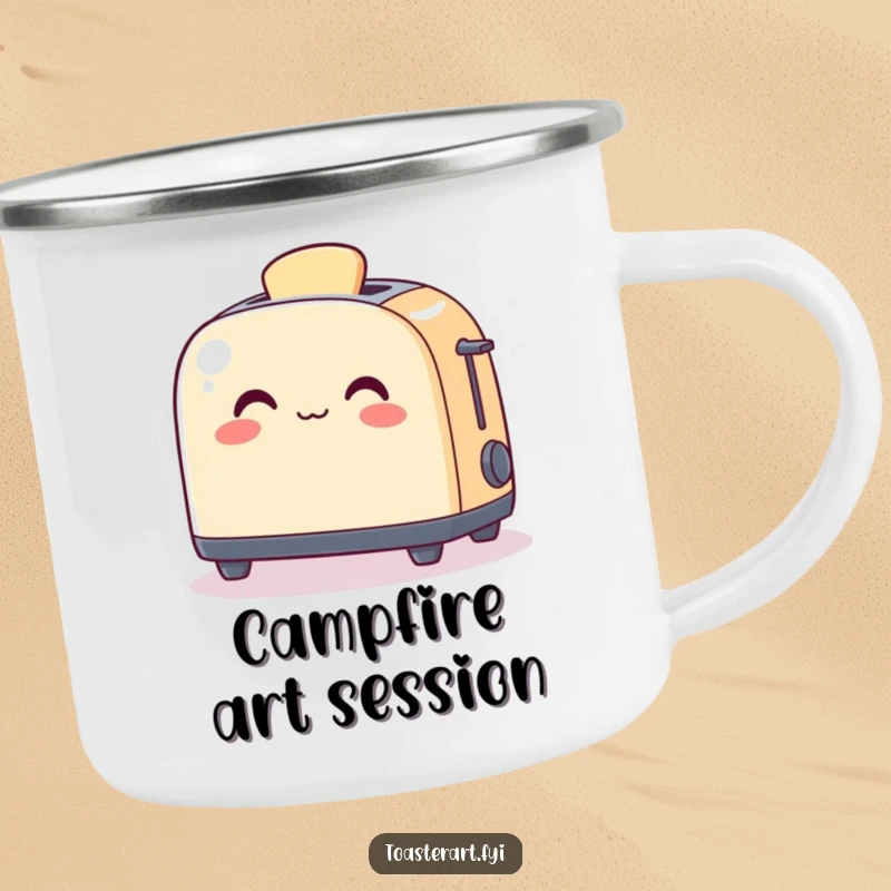 Funny Camping Mug of a cheerful toaster character warming a piece of art, perfect for creative outdoor moments.