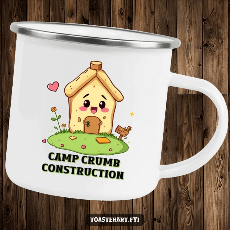 Funny camping mug depicting a bread crumb character comically building a tiny house, perfect for outdoor enjoyment and miniature endeavors.