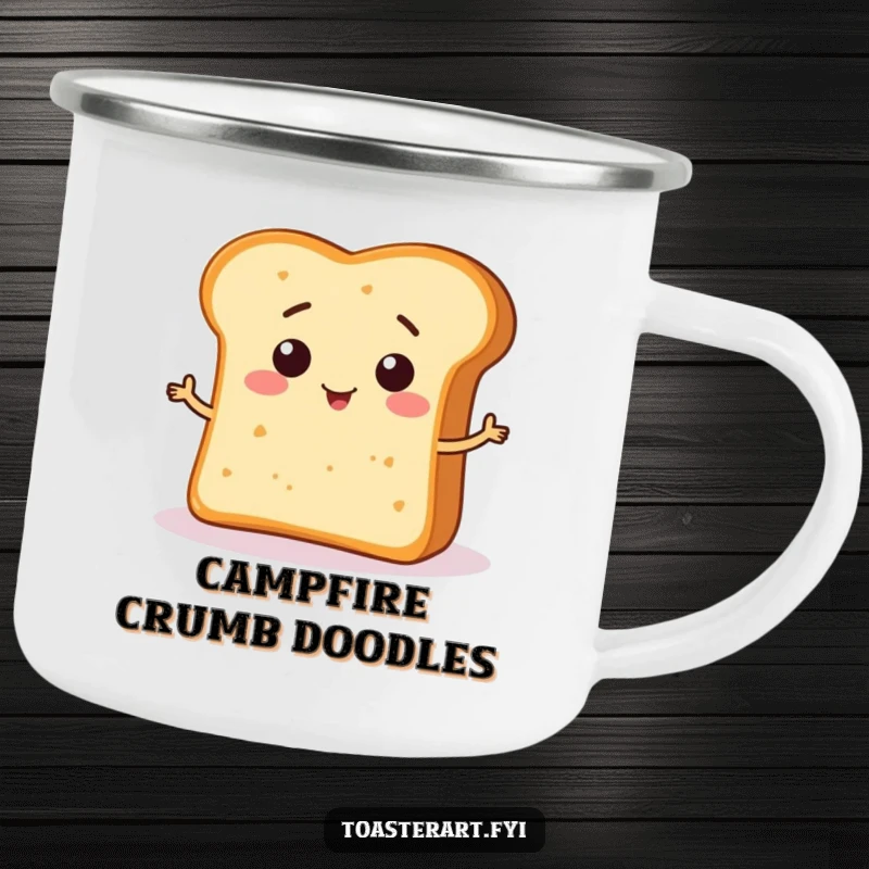 Funny Camping Mug featuring a happy bread crumb character making a funny shape on bread, perfect for humorous outdoor drinks.