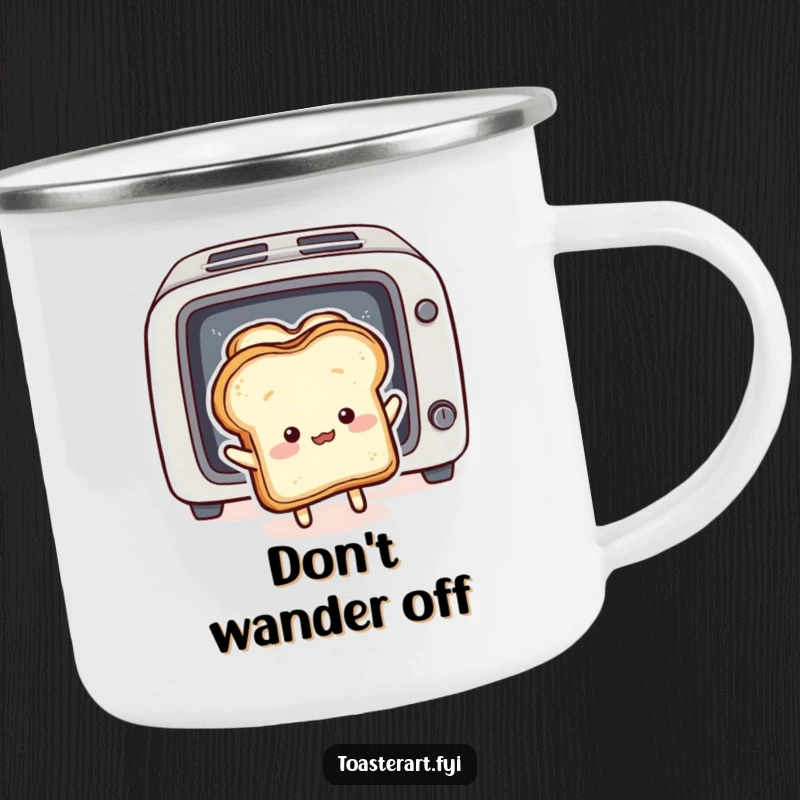 Funny Camping Mug: Fluffy bread slice character comically pushing toast back into a toaster, a funny camp cup.
