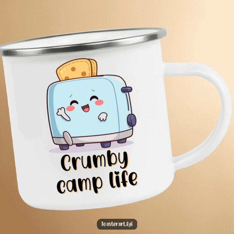 Funny camping mug with a happy crumb character comically running from an animated toaster, for a breakfast chase outdoors.